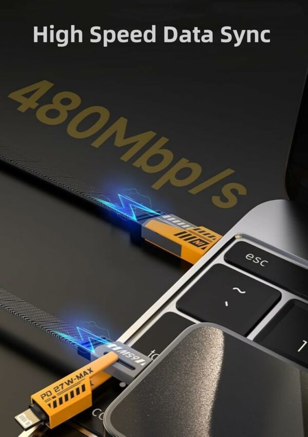 ⁦•        كابل شاحن USB متعدد 15 سم، شحن سريع 65 واط 3 في 1  (Lightning, Type-C & Micro USB)⁩ - الصورة ⁦2⁩