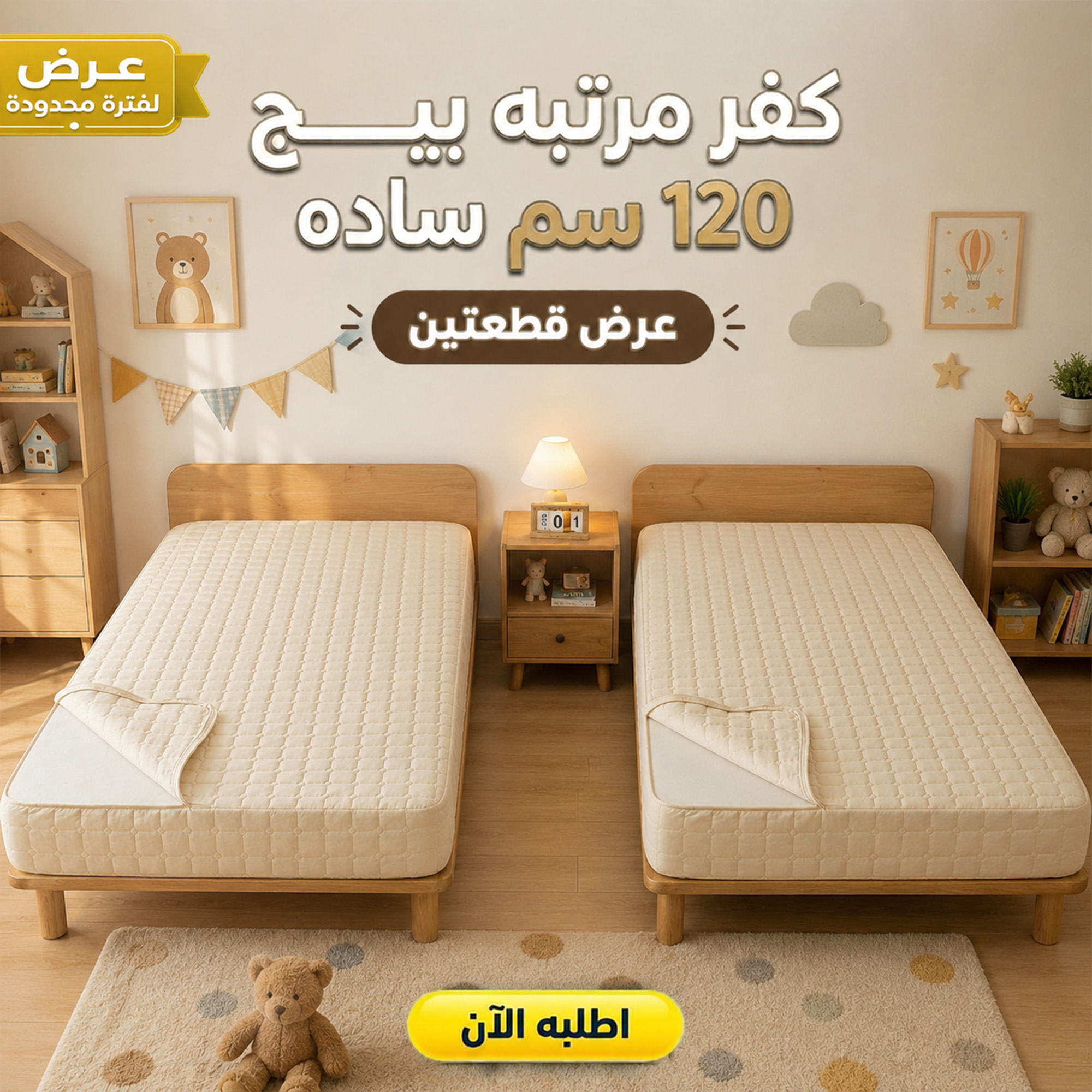 عرض قطعتين كفر مرتبه بيج 120 سم ساده