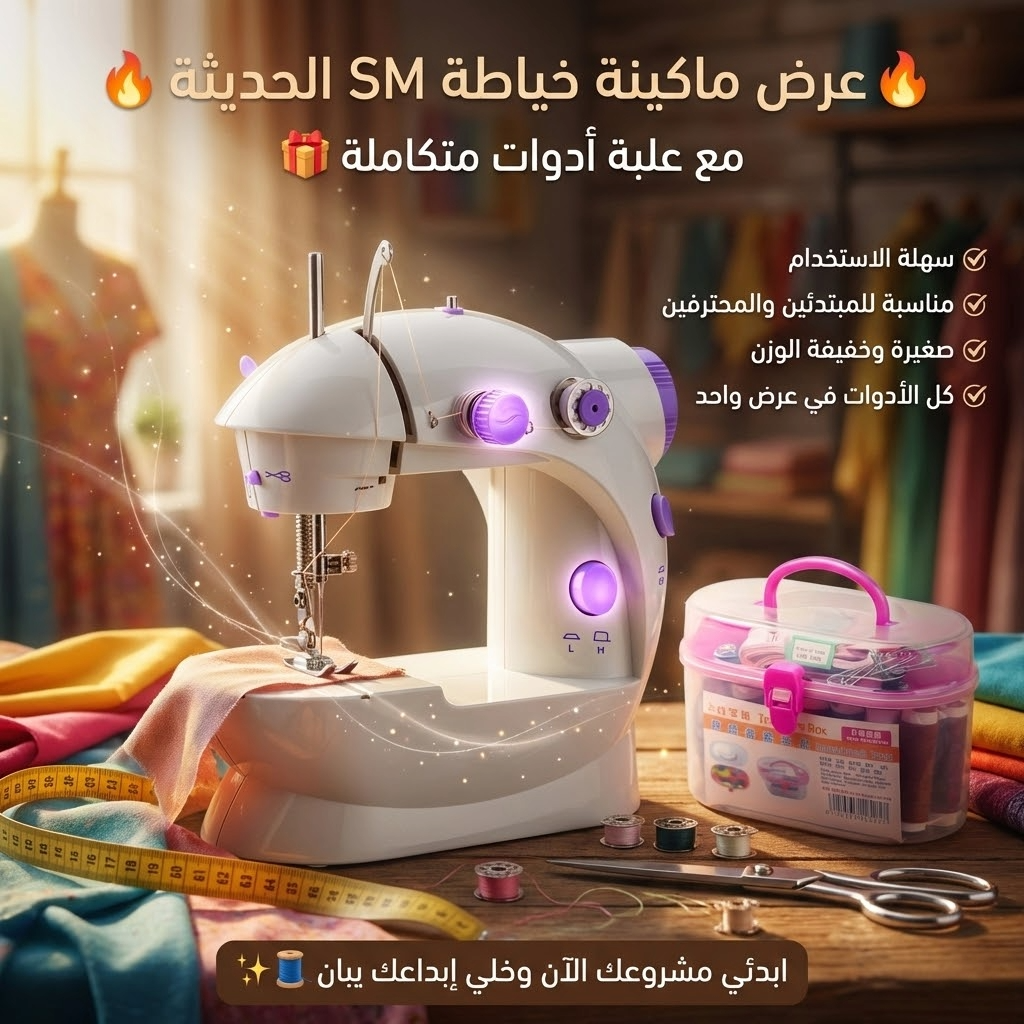 عرض ماكينة خياطة SM الحديثة مع علبة ادوات الخياطة