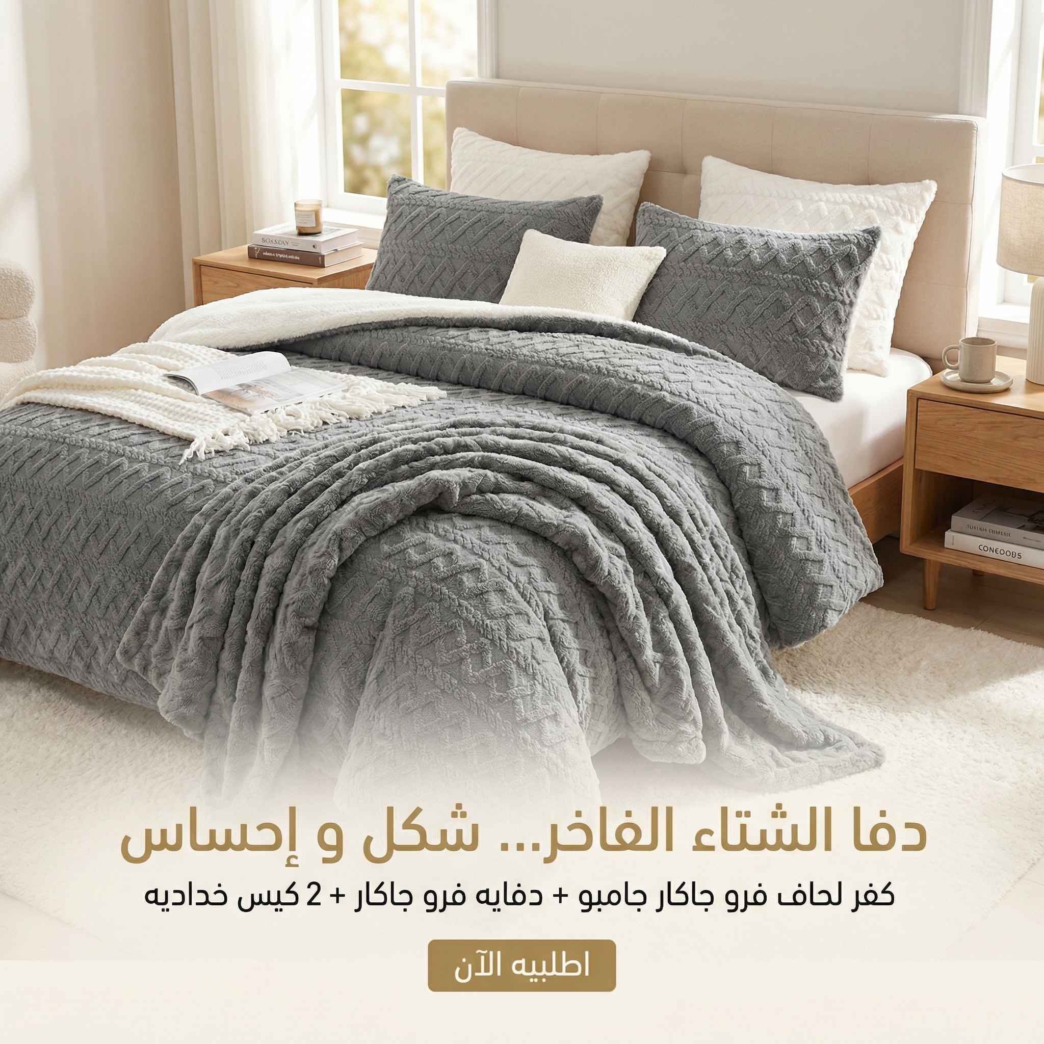 عرض كفر لحاف فرو جاكار جامبو | رصاصي مع دفايه فرو جاكار مع 2 كيس خداديه | رصاصي | 120سم