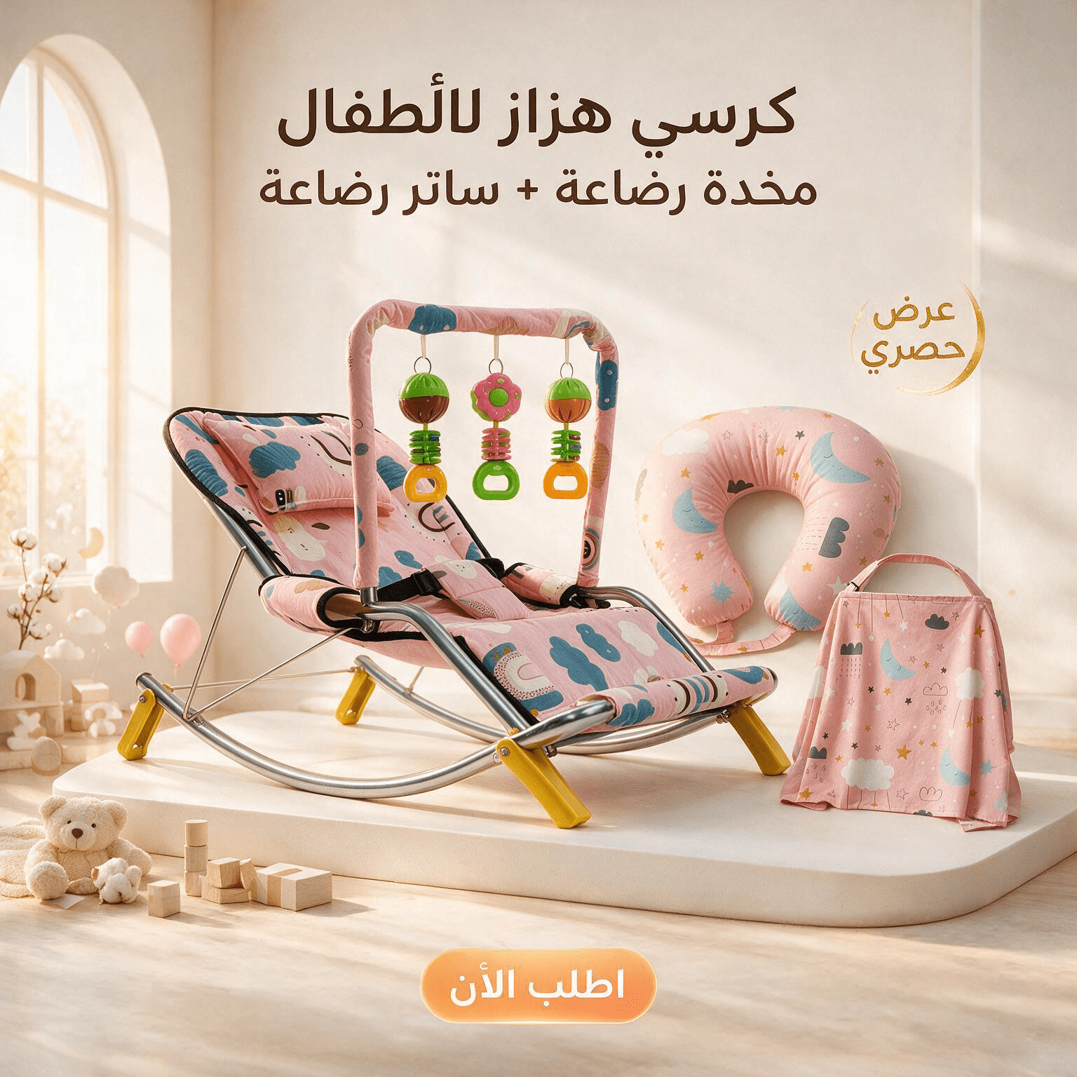 عرض : كرسي هزاز للأطفال بينك + مخدة رضاعة + ساتر رضاعة