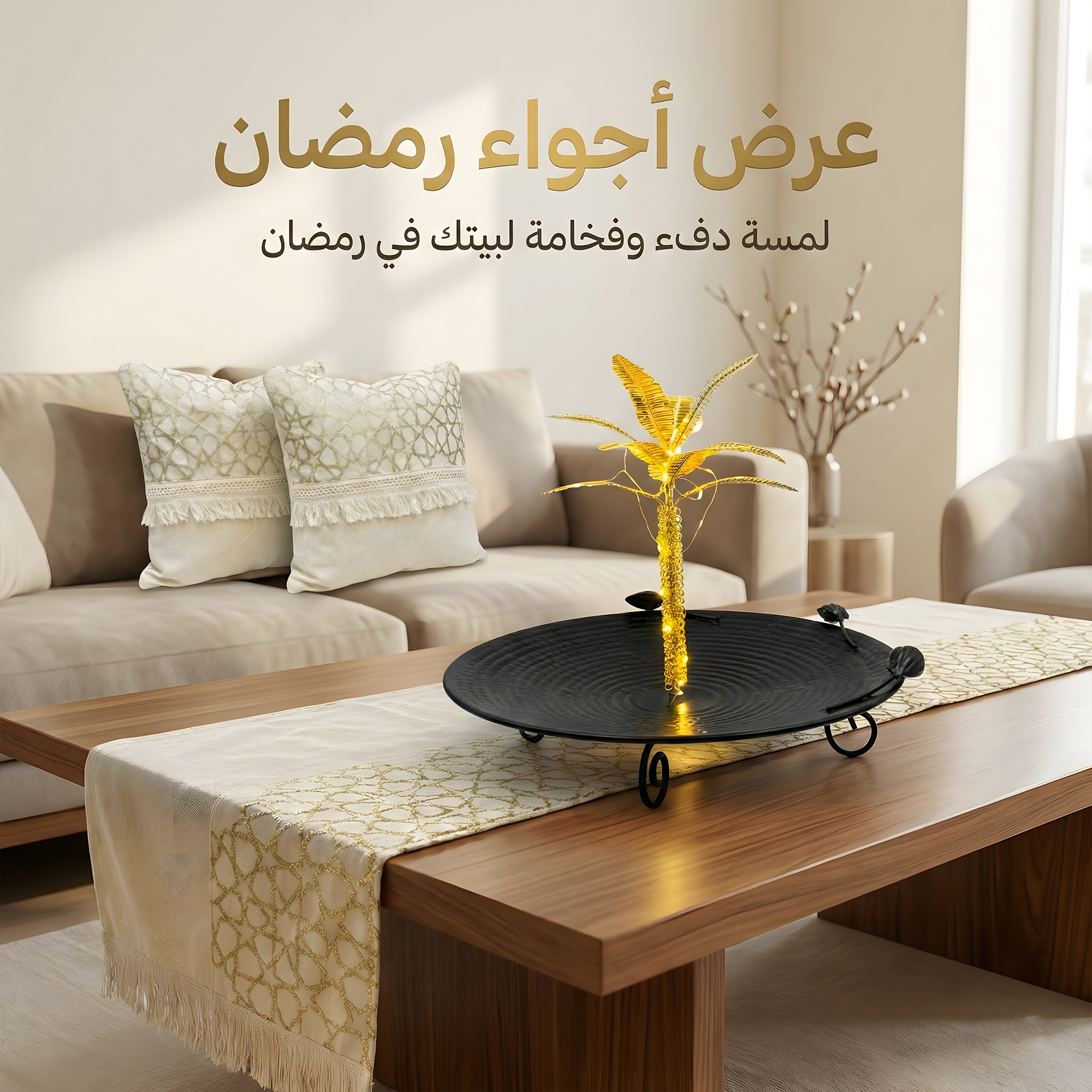 عرض رانر مع 2 كفر كوشن بيج نجوم مع تمريه شكل نخله ب اضاءه