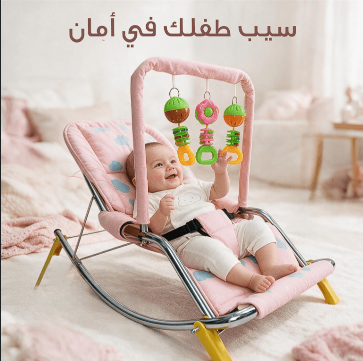 عرض : كرسي هزاز للأطفال بينك + مخدة رضاعة + ساتر رضاعة - الصورة 5