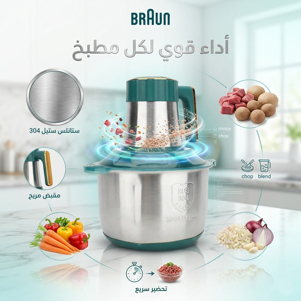 كبة كهربائية تفرم اللحم والخضروات والمكسرات بسرعة بقوة 8500وات مزودة بـ 5 سكاكين حادة – بـ 3 سرعات- سعة 6 لتر منBRAUN+ ضمان سنة - الصورة 3