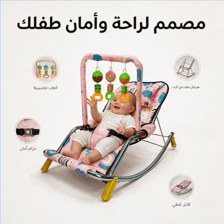 عرض : كرسي هزاز للأطفال بينك + مخدة رضاعة + ساتر رضاعة - الصورة 4