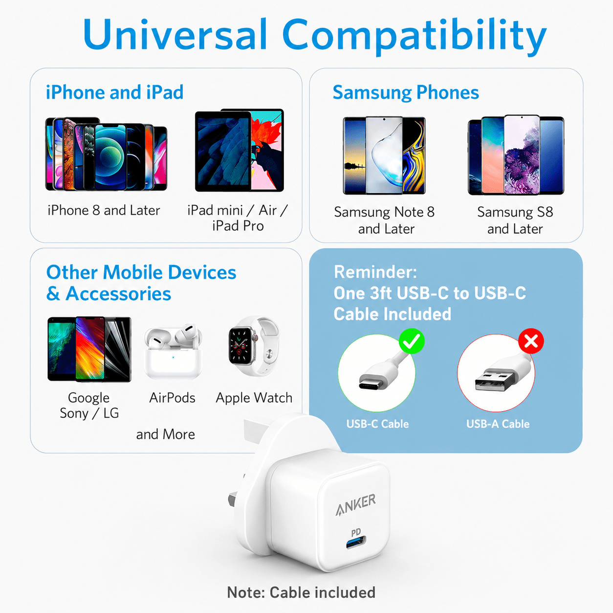 عرض Anker Power Port Nano-20W + كابل شاحن USB متعدد 15 سم، شحن سريع 3 في 1 (Lightning, Type-C & Micro USB) - الصورة 10