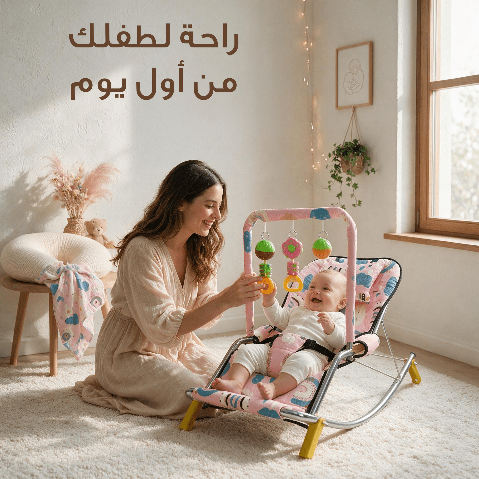 عرض : كرسي هزاز للأطفال بينك + مخدة رضاعة + ساتر رضاعة - الصورة 3